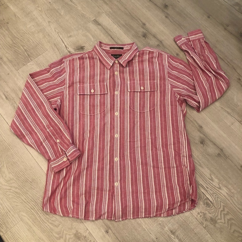Eddie Bauer Red Striped Chambray Shirt Cotton XL